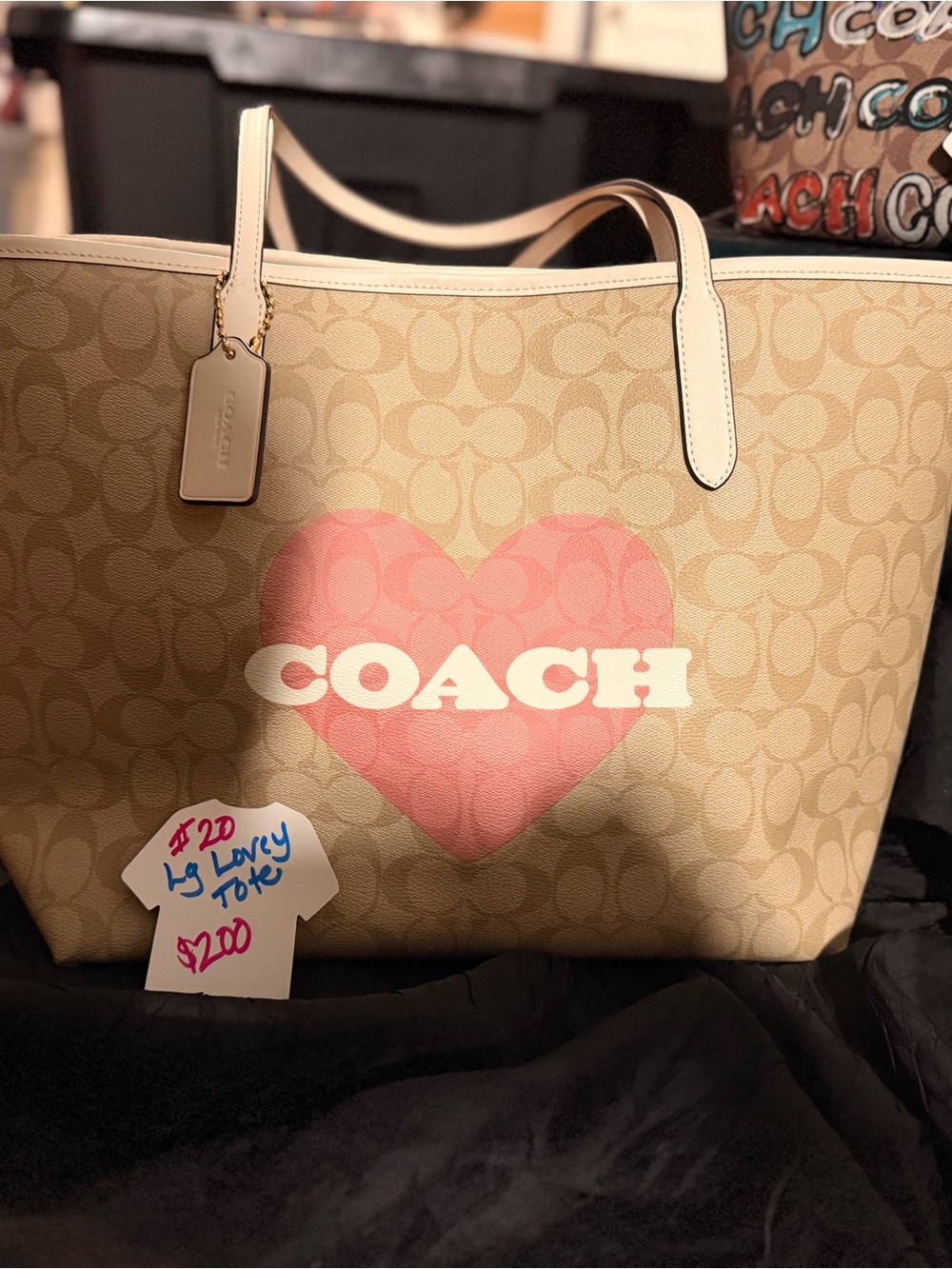 Coach Tan Signature Tote with Pink Heart Graphic